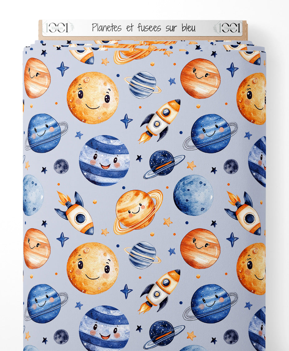 Tissu - Planètes et fusées sur bleu