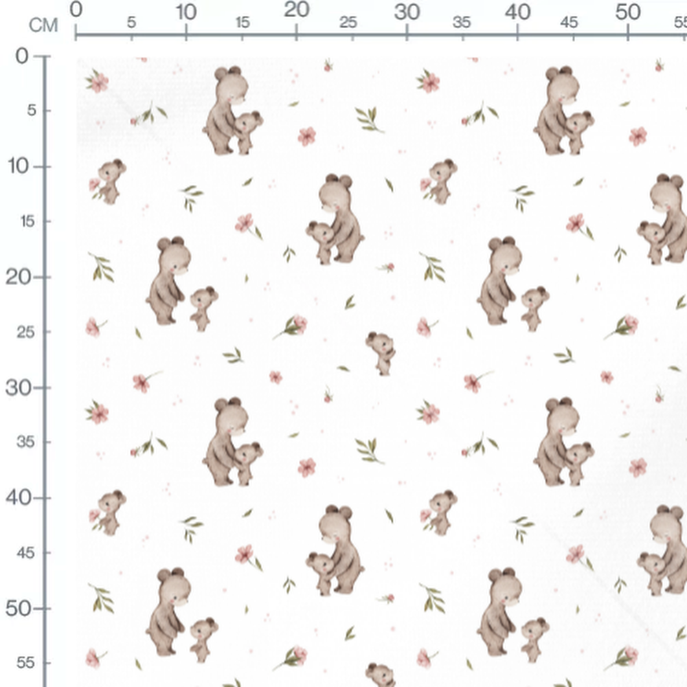 Tissu - Ours bruns et fleurs roses blanc