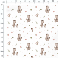Tissu - Ours bruns et fleurs roses blanc
