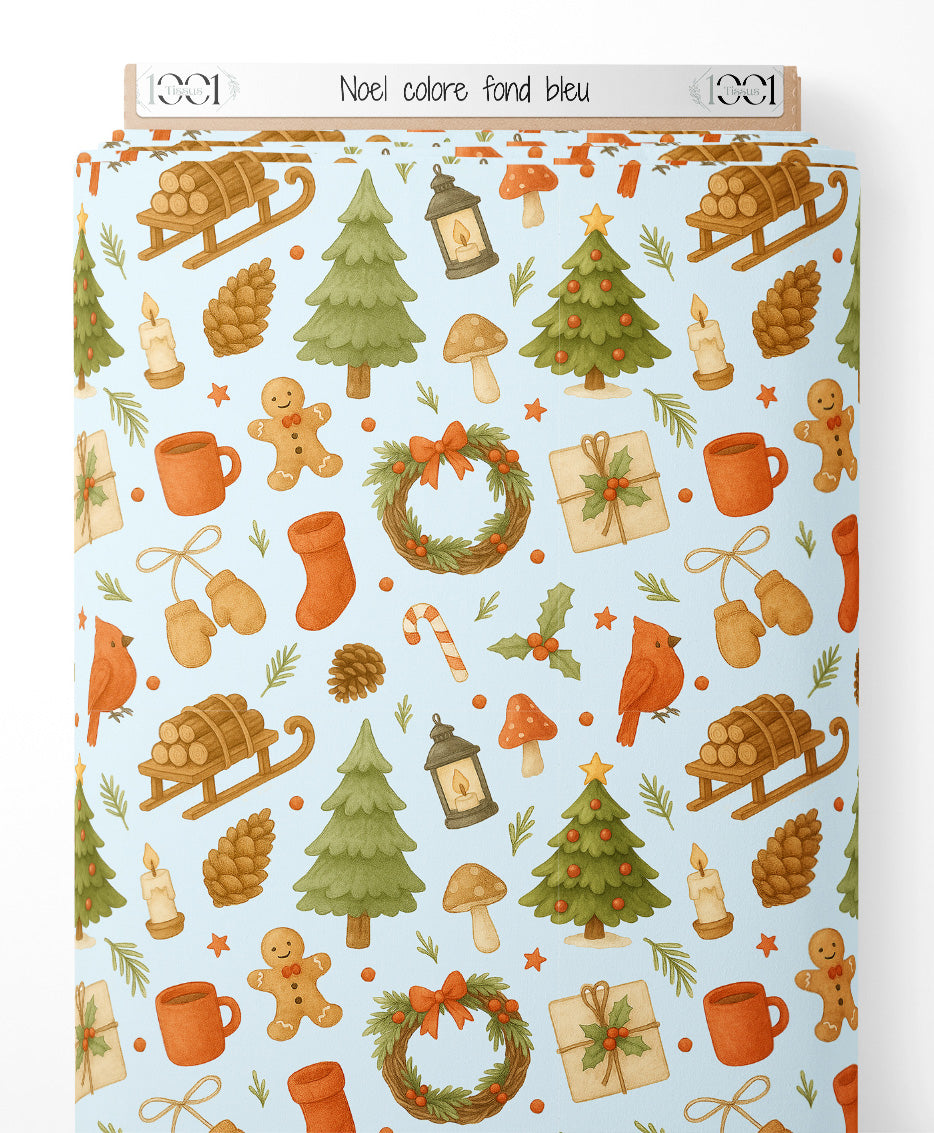 Tissu - Noël coloré sur fond bleu
