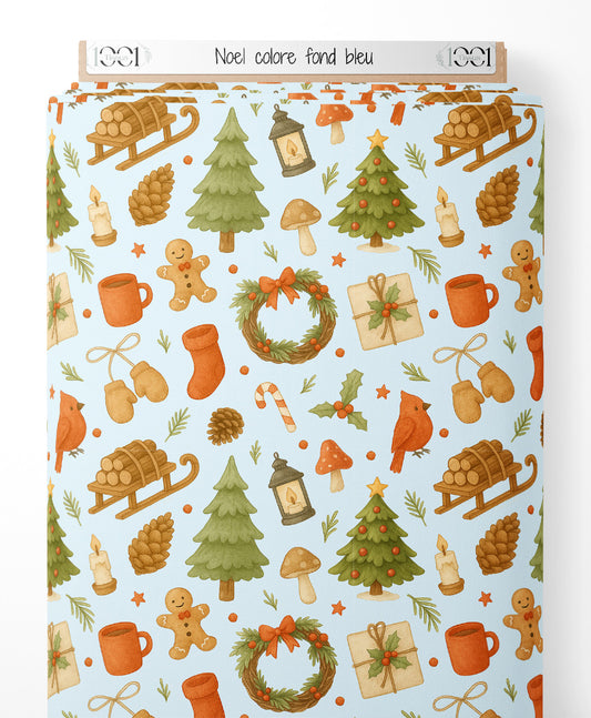Tissu - Noël coloré sur fond bleu