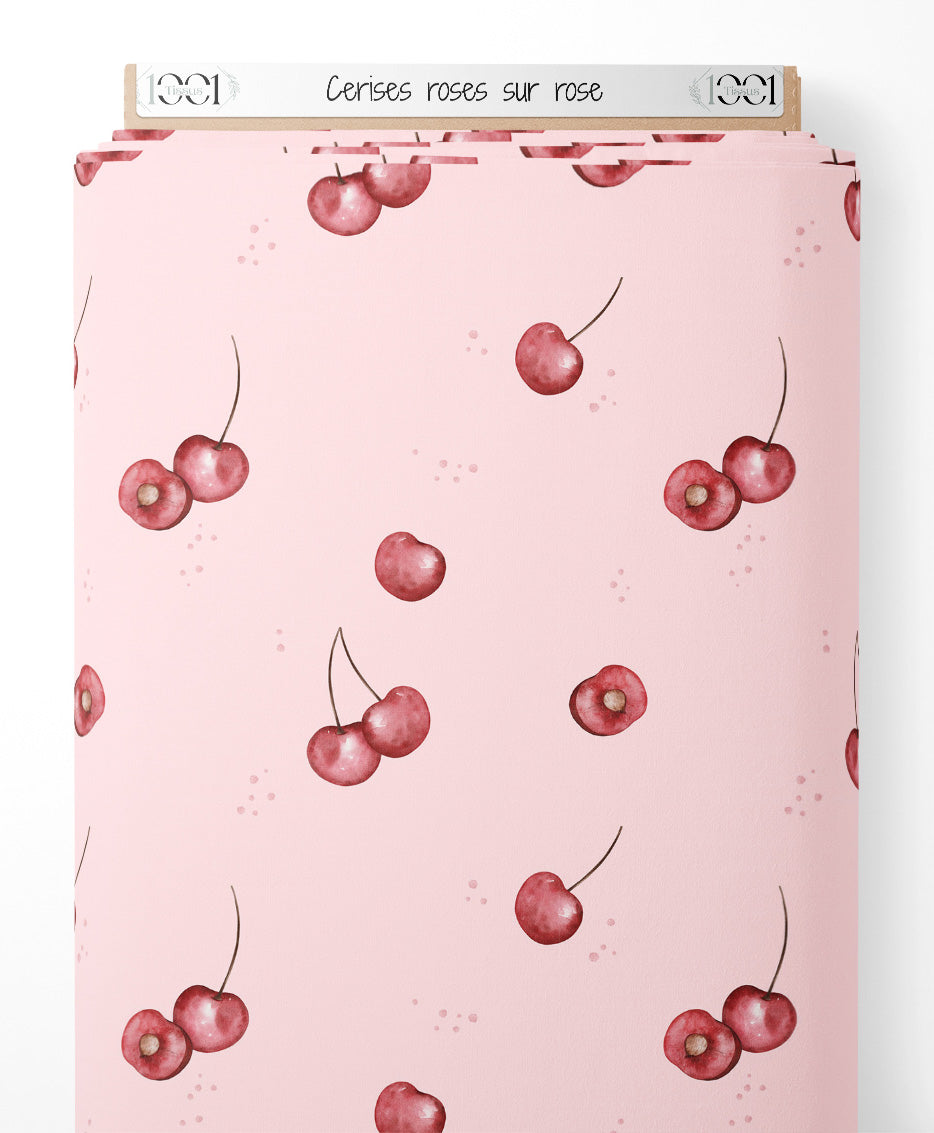 Tissu - Cerises roses sur rose