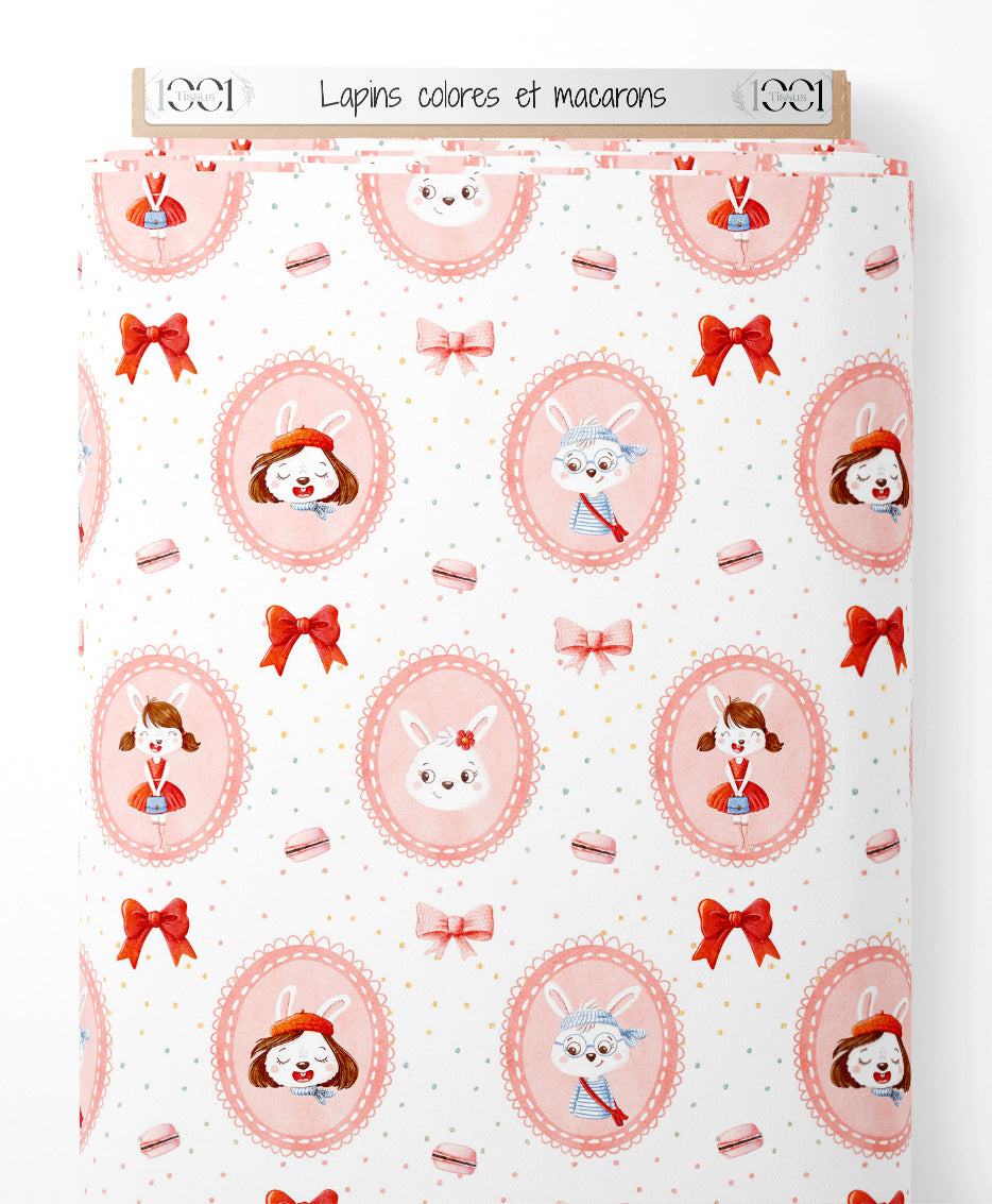 Tissu - Lapins colorés et macarons
