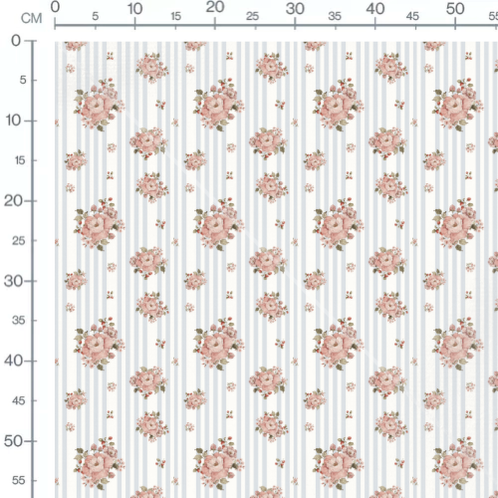 Tissu - Fleurs roses sur rayures bleues