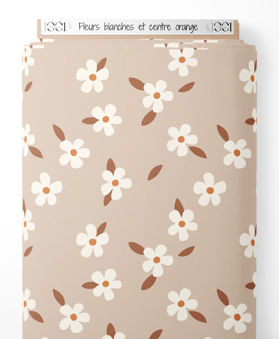 Tissu - Fleurs blanches et centre orange