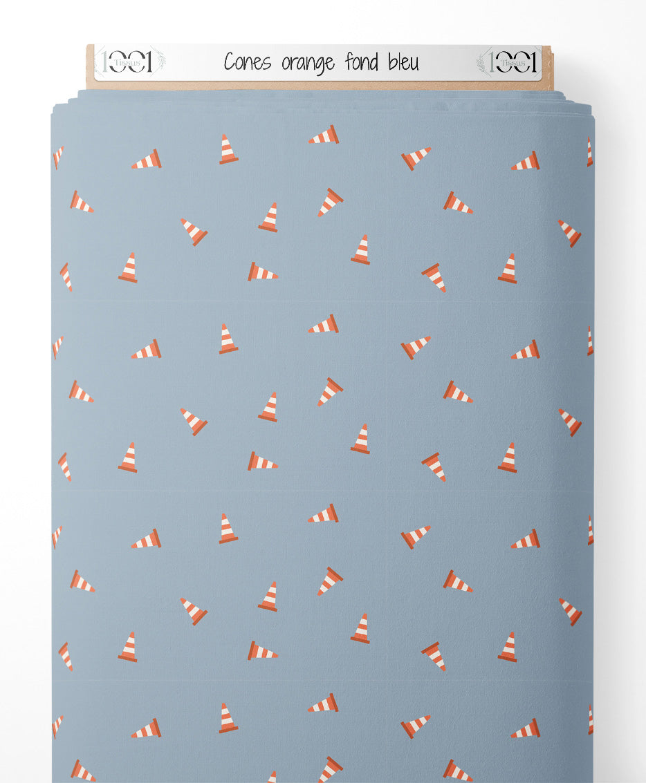 Tissu - Cônes orange sur fond bleu