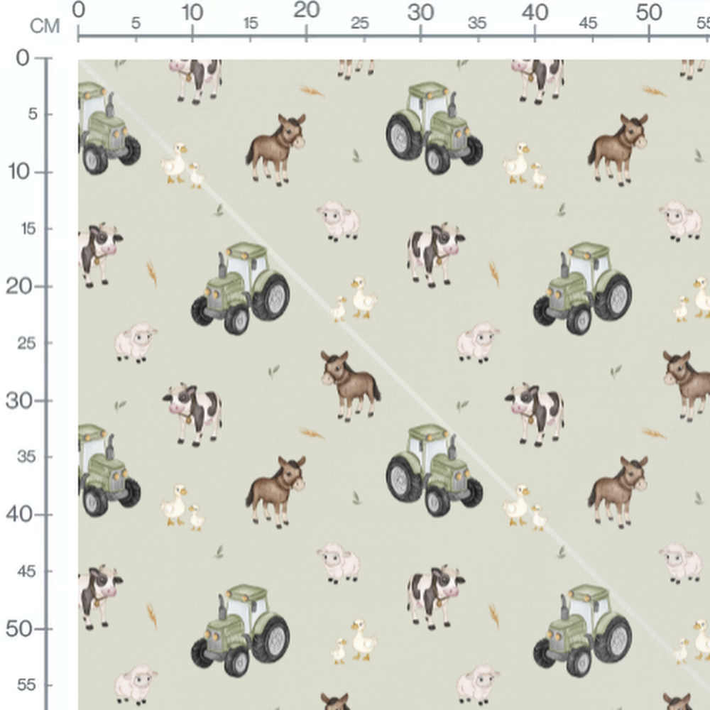 Tissu - Animaux de ferme sur vert clair