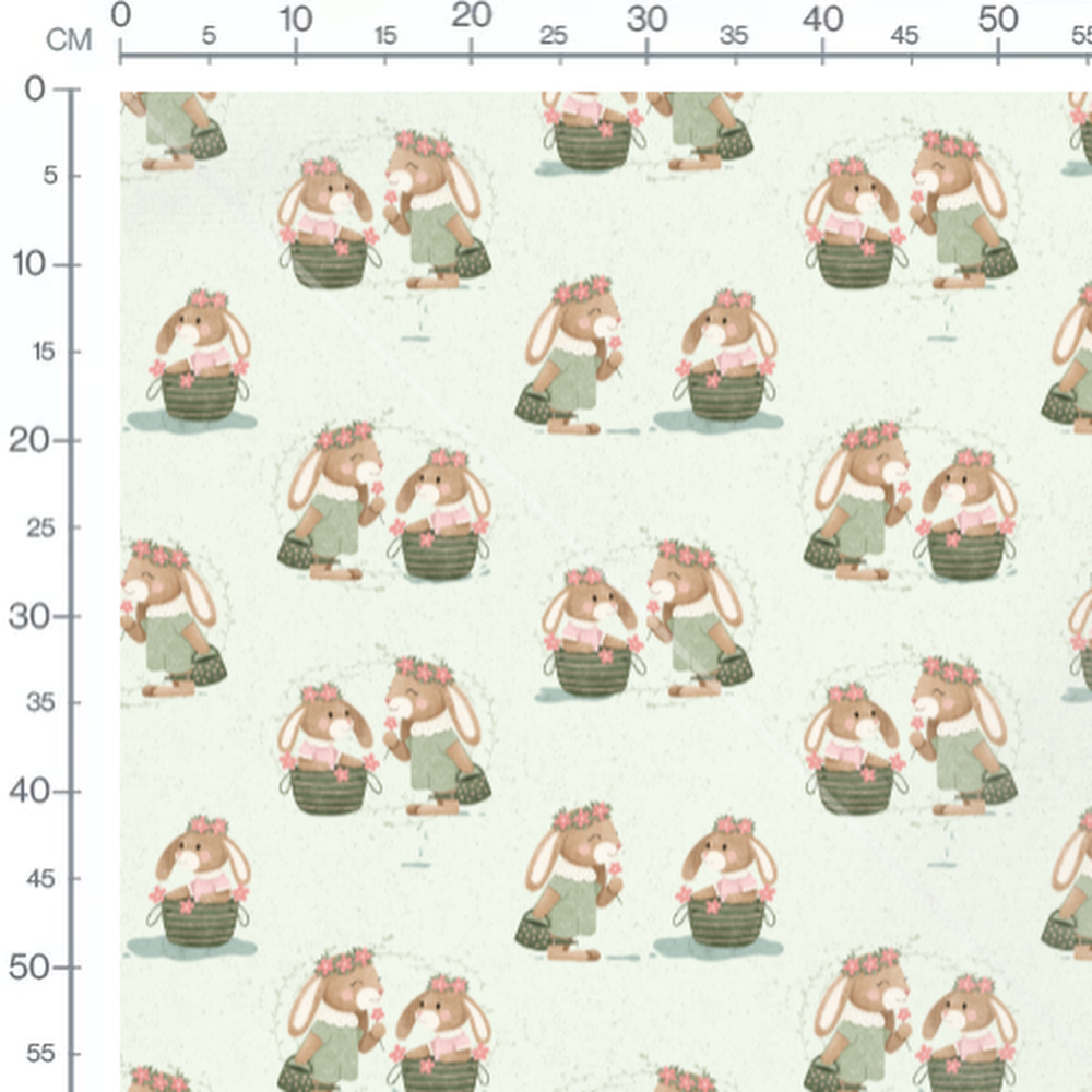 Tissu - Lapins fleuris sur fond vert