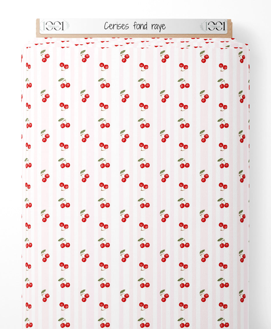 Tissu - Cerises sur fond rayé