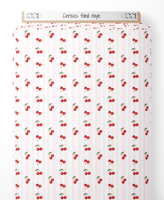 Tissu - Cerises sur fond rayé