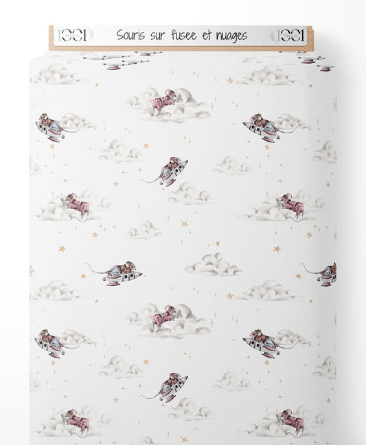 Tissu - Souris sur fusée et nuages