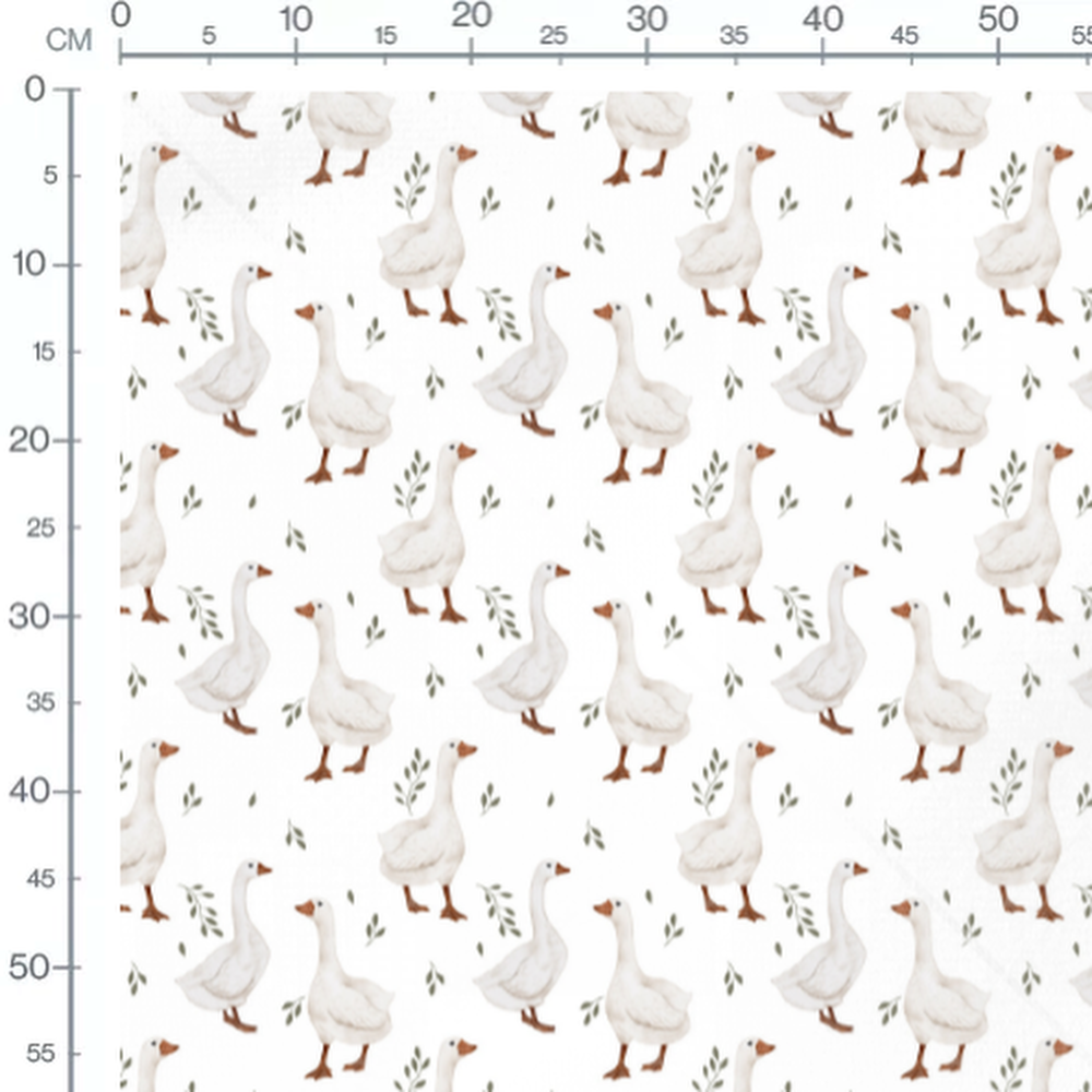 Tissu - Oies blanches sur fond blanc