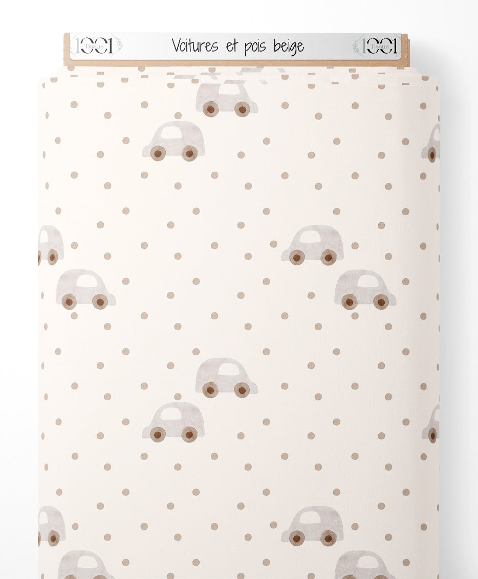 Tissu - Voitures et pois beige