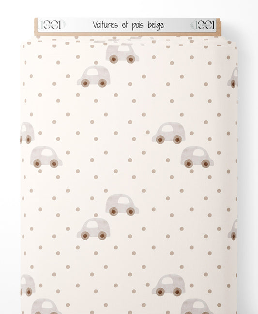 Tissu - Voitures et pois beige