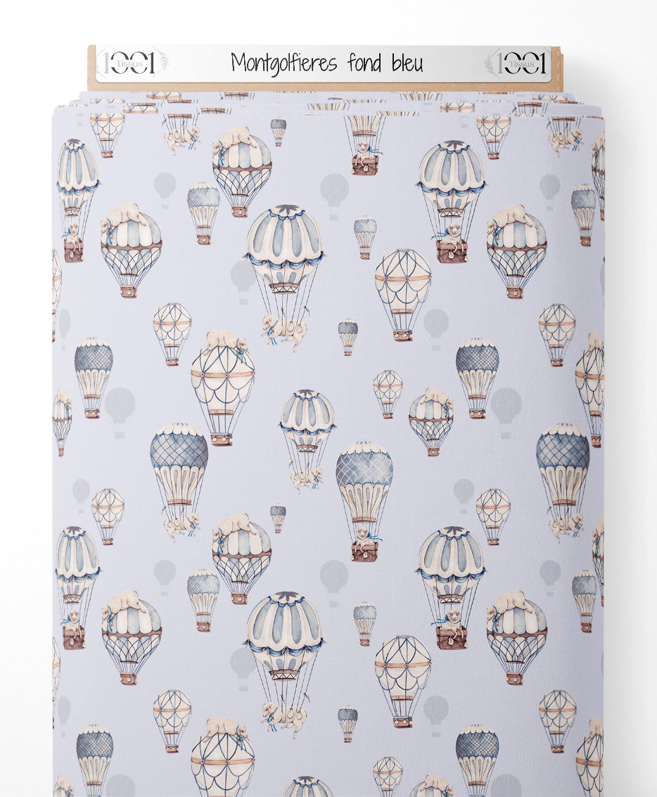 Tissu - Montgolfières sur fond bleu