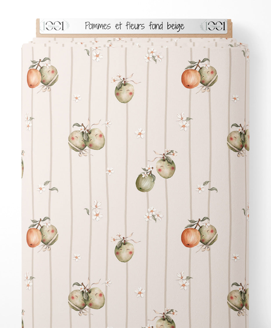 Tissu - Pommes et fleurs sur fond beige