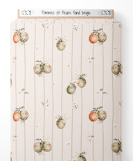 Tissu - Pommes et fleurs sur fond beige