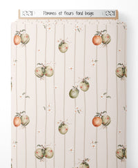 Tissu - Pommes et fleurs sur fond beige
