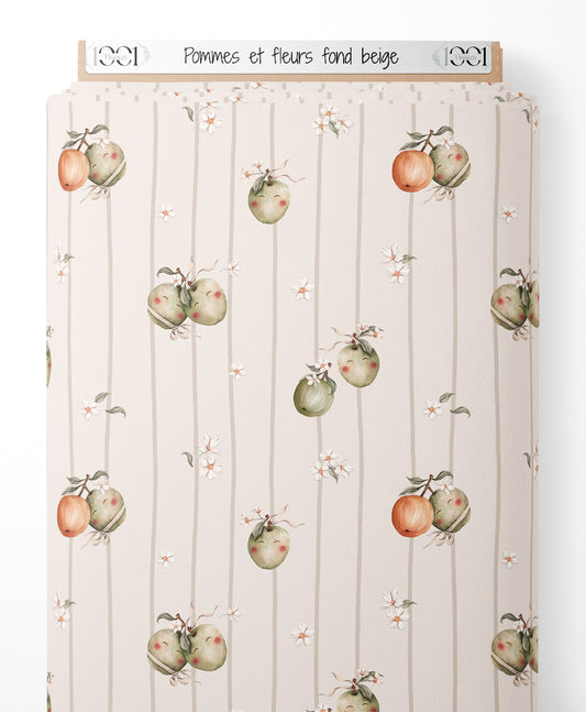 Tissu - Pommes et fleurs sur fond beige