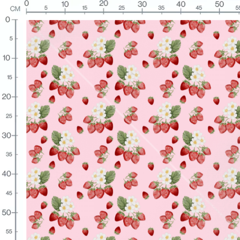 Tissu - Fraises et fleurs sur rose