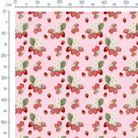 Tissu - Fraises et fleurs sur rose