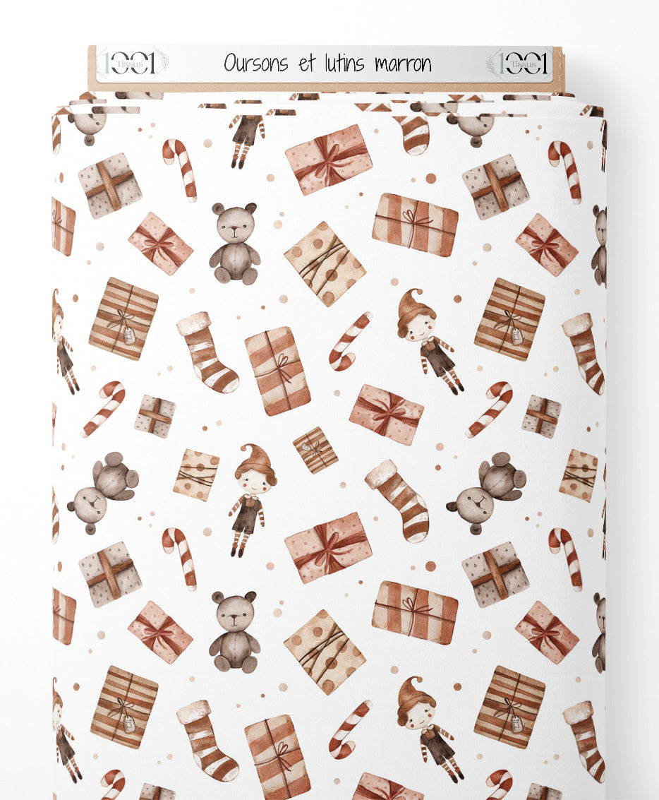 Tissu - Oursons et lutins marron