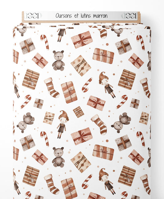 Tissu - Oursons et lutins marron