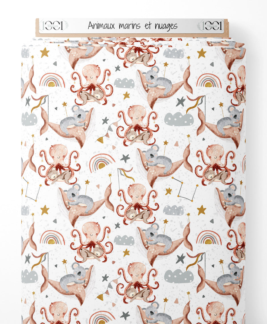 Tissu - Animaux marins et nuages
