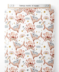 Tissu - Animaux marins et nuages