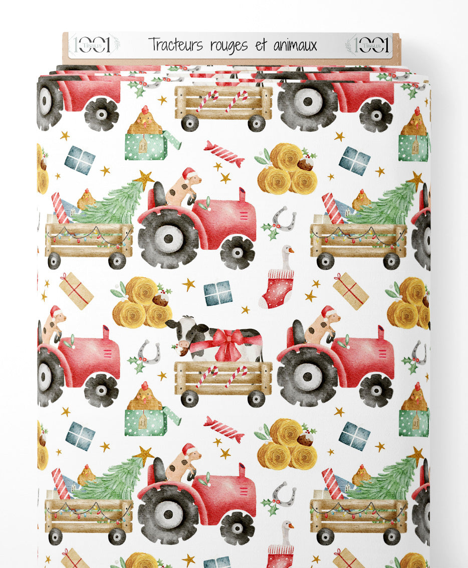 Tissu - Tracteurs rouges et animaux