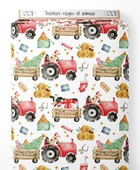 Tissu - Tracteurs rouges et animaux