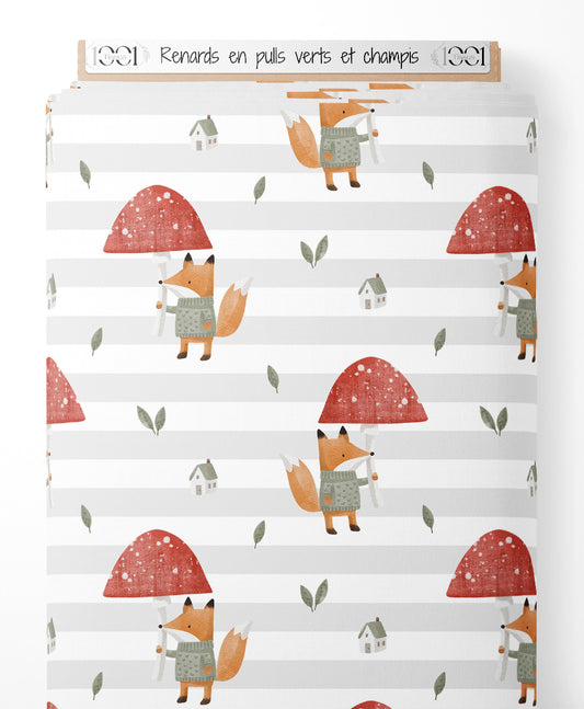 Tissu - Renards en pulls verts et champis