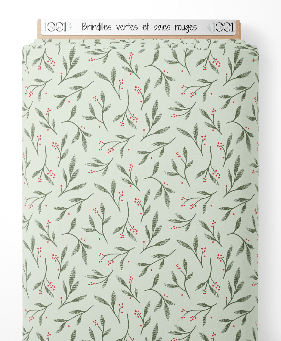 Tissu - Brindilles vertes et baies rouges