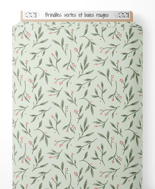 Tissu - Brindilles vertes et baies rouges