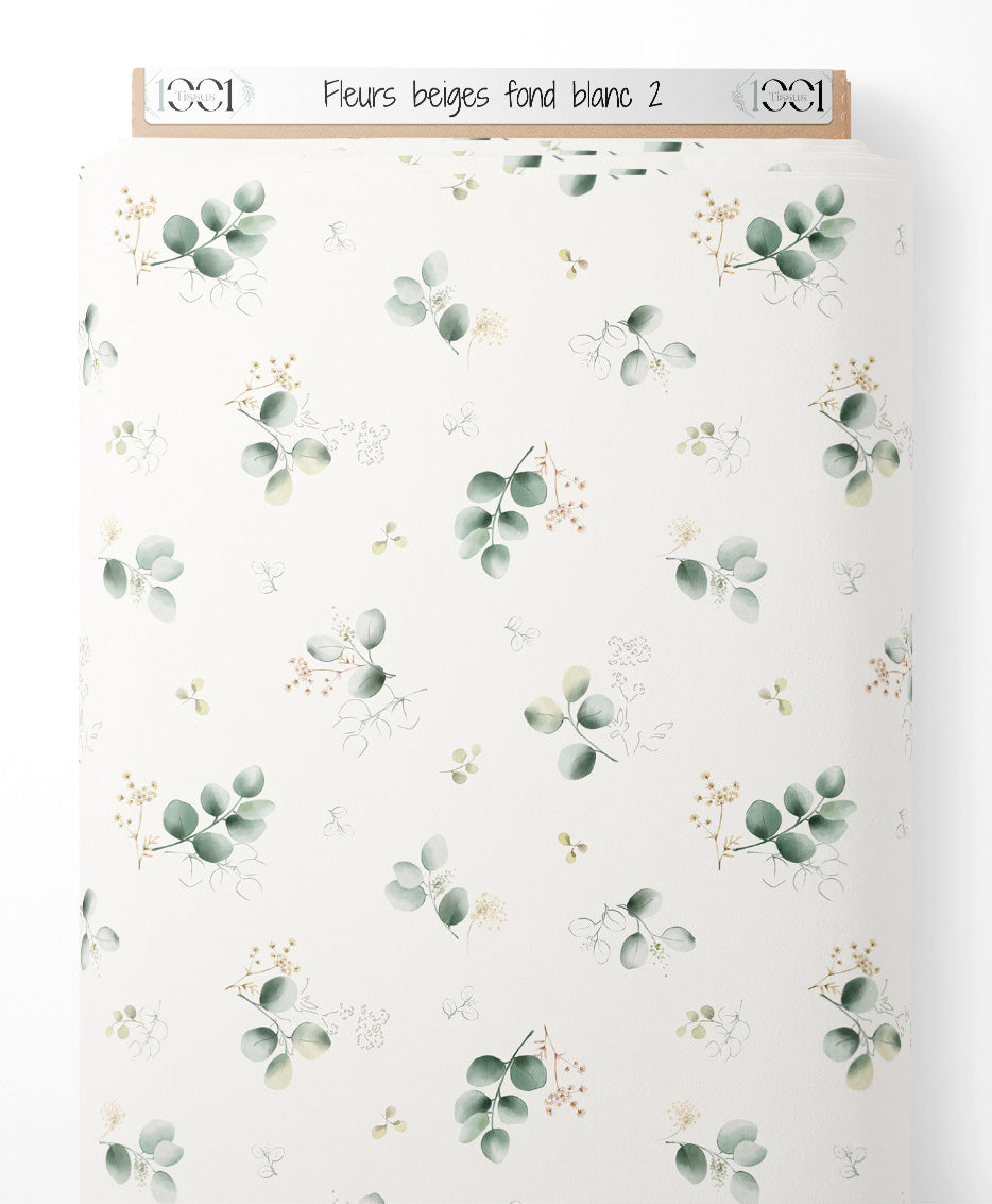 Tissu - Fleurs beiges sur fond blanc 2