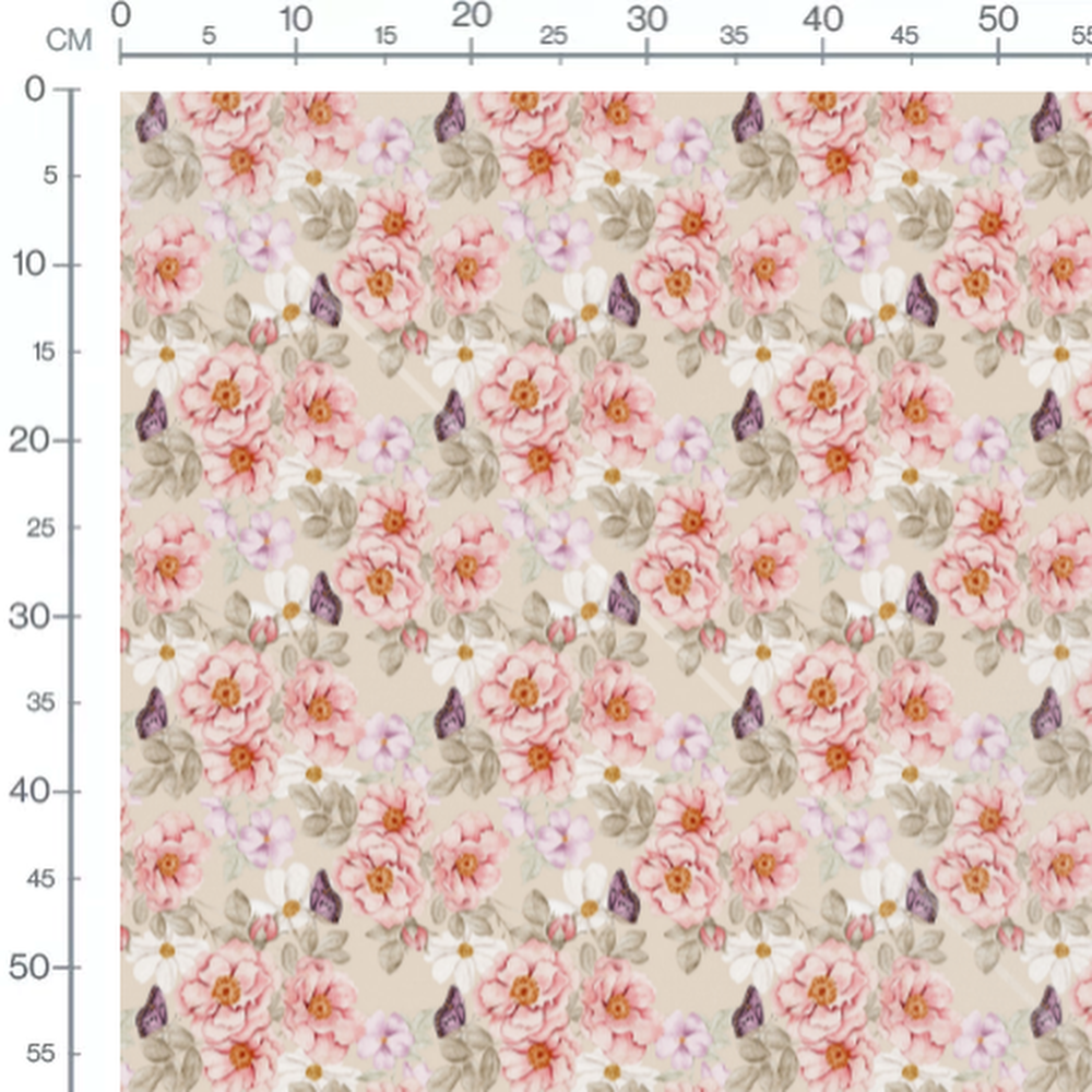 Tissu - Fleurs roses et blanches beige