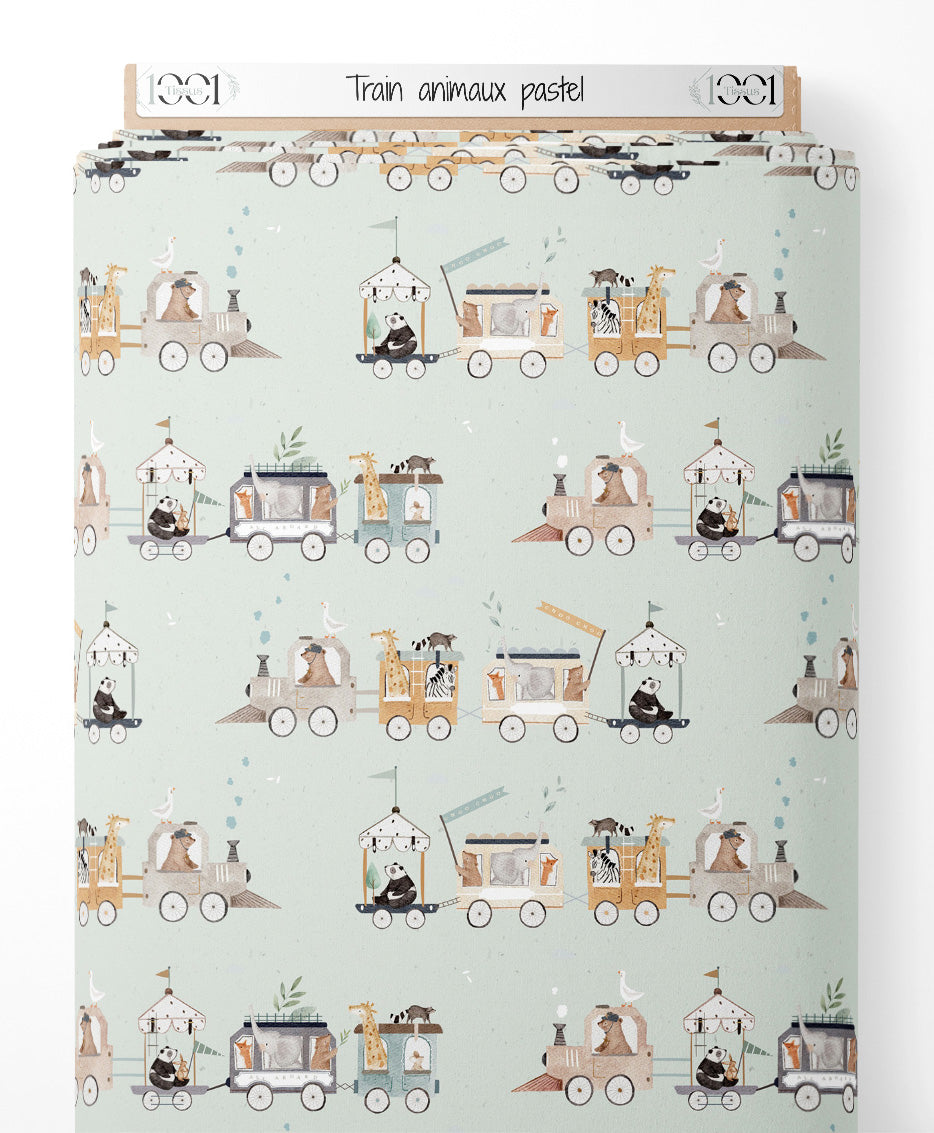 Tissu - Train animaux pastel