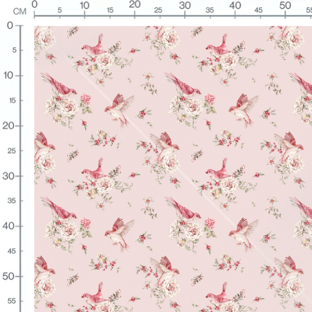 Tissu - Oiseaux roses et fleurs blanches 5
