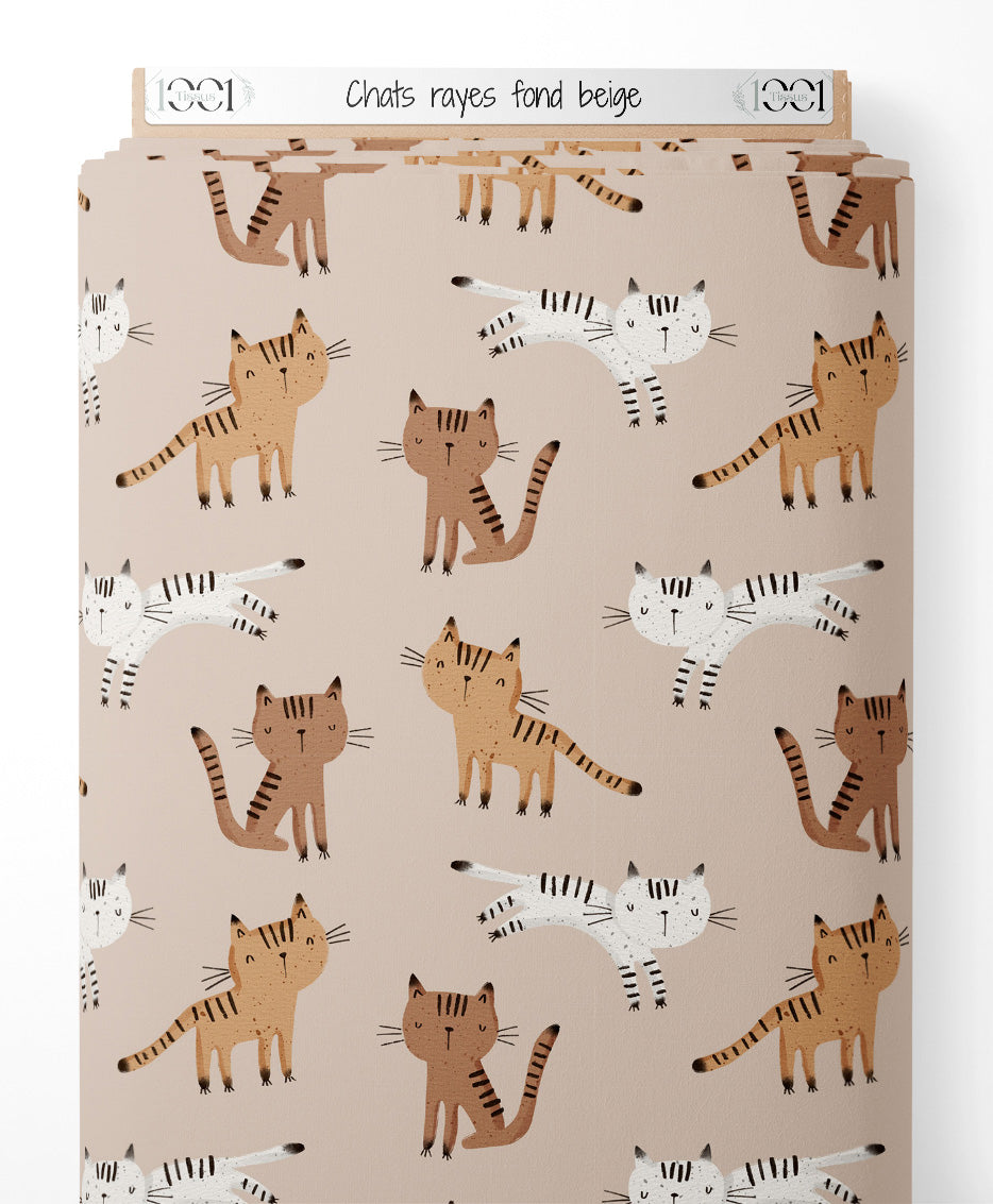 Tissu - Chats rayés sur fond beige