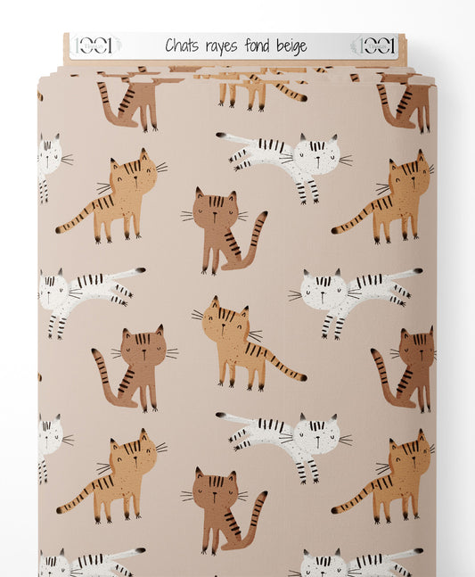 Tissu - Chats rayés sur fond beige