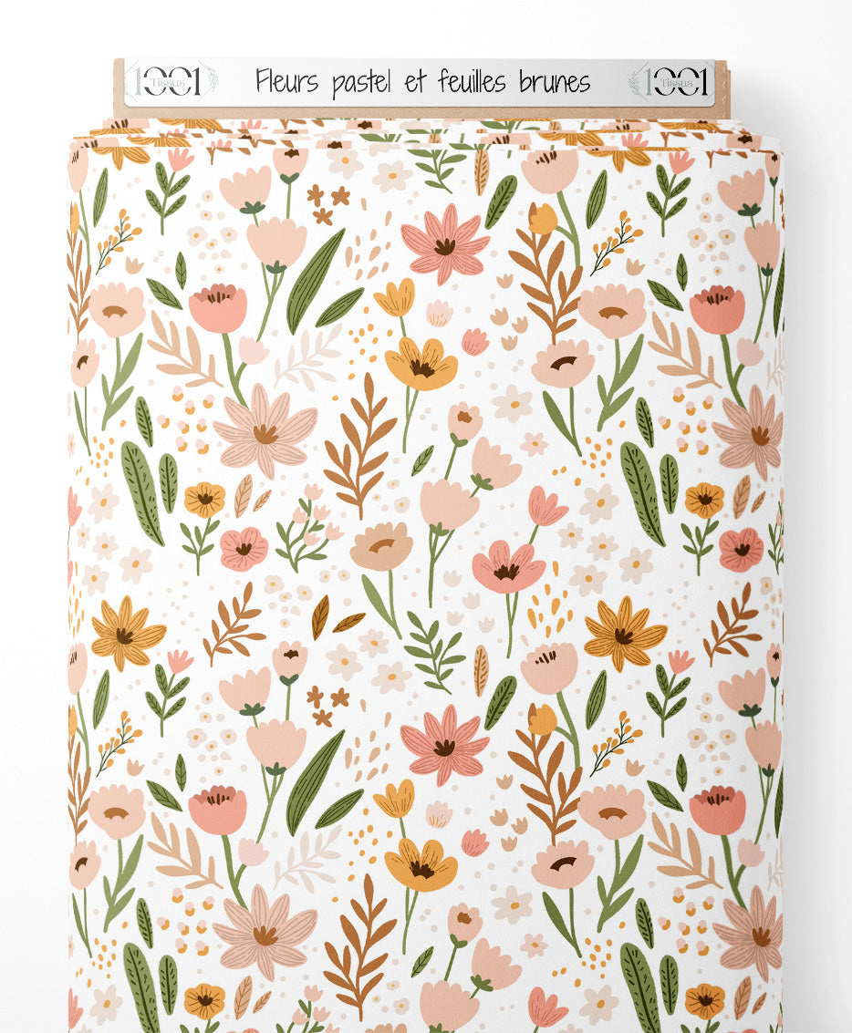 Tissu - Fleurs pastel et feuilles brunes