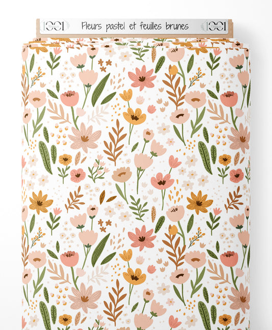 Tissu - Fleurs pastel et feuilles brunes