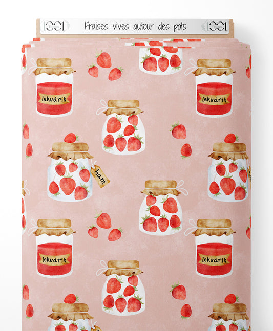 Tissu - Fraises vives autour des pots