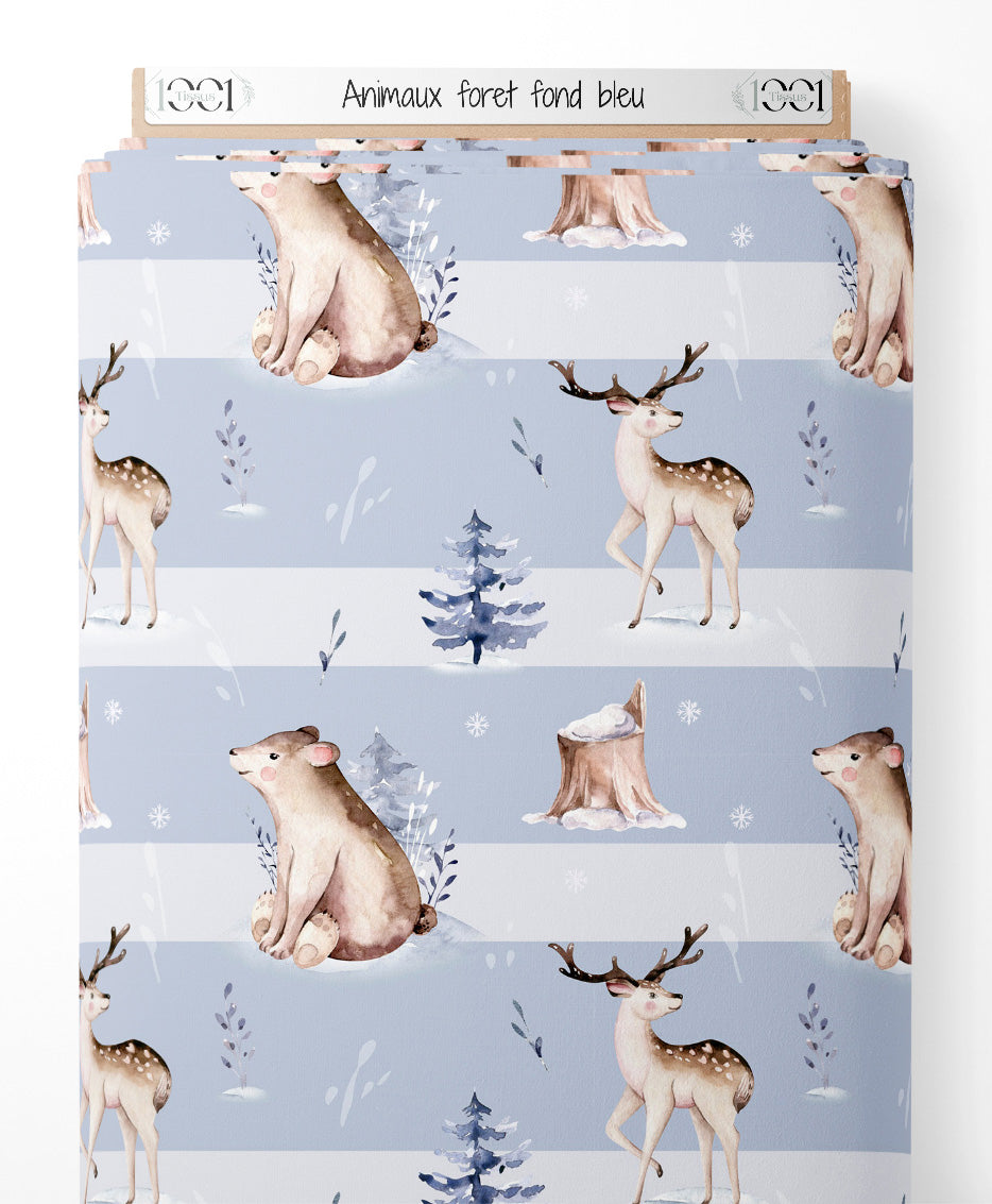 Tissu - Animaux forêt fond bleu