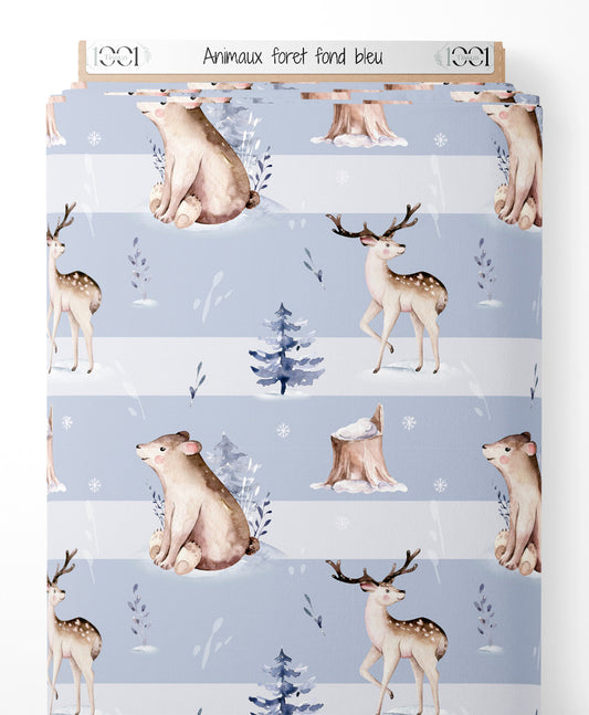 Tissu - Animaux forêt fond bleu