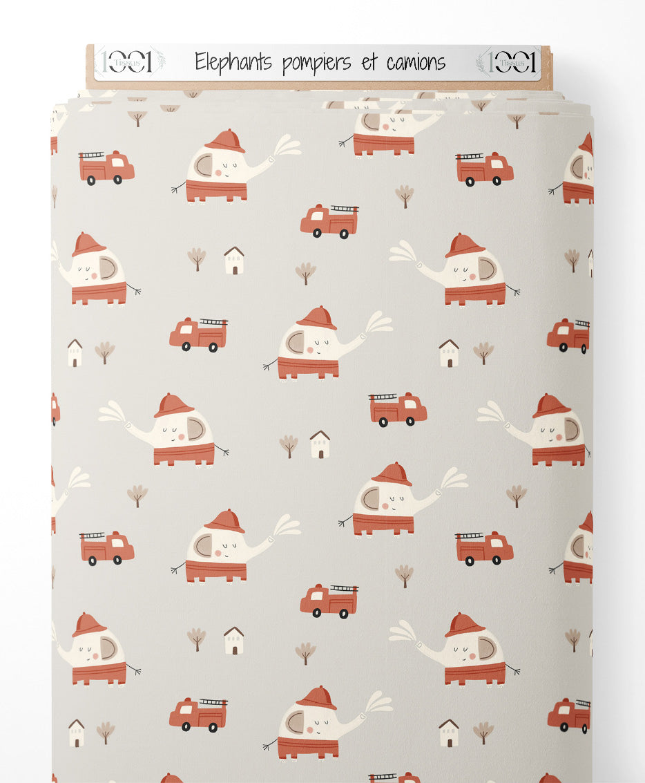 Tissu - Éléphants pompiers et camions