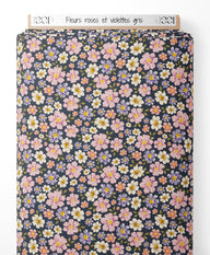 Tissu - Fleurs roses et violettes gris