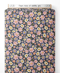 Tissu - Fleurs roses et violettes gris