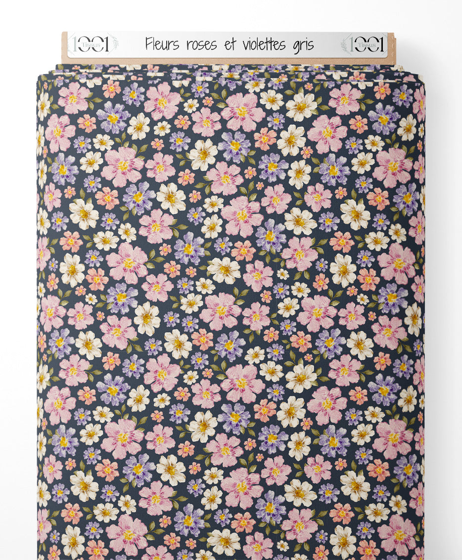 Tissu - Fleurs roses et violettes gris