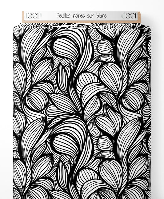 Tissu - Feuilles noires sur blanc